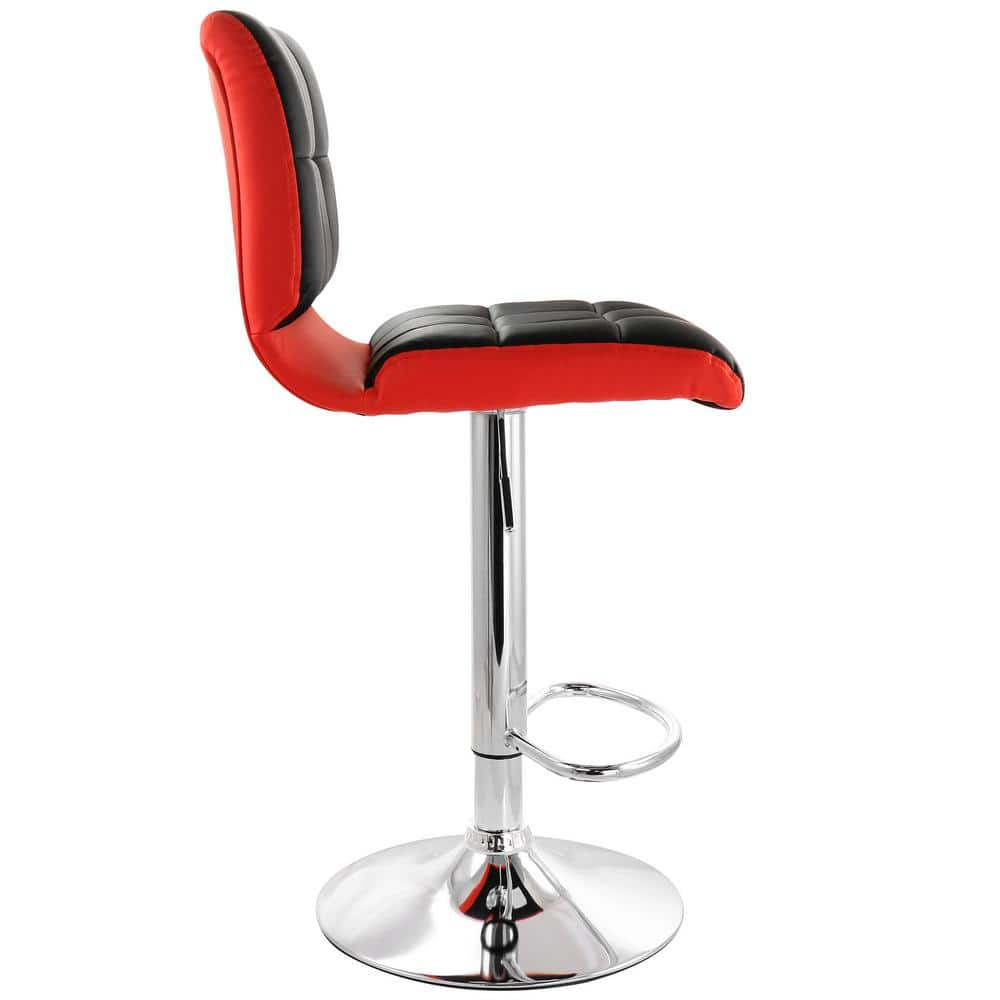 Elama 2-Piece Adjustable Faux Leather 35 in. Black and Red High Back Metal Bar Stool with Chrome Base 985116745M