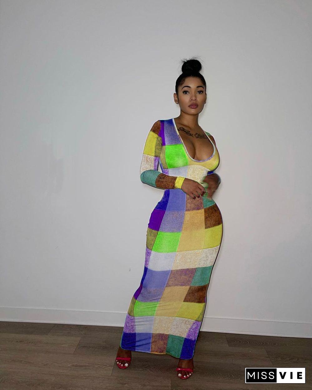 Colorful Plaid Printed Long Sleeve Bodycon Dresses