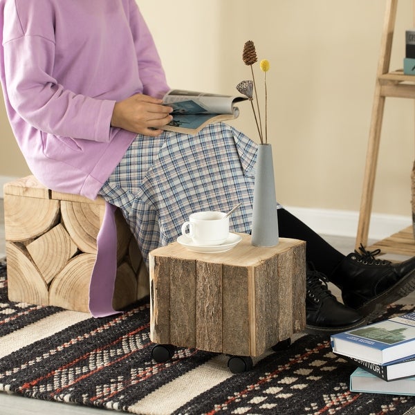 Accent Decorative Natural Wooden Square Stump Stool， with Wheels