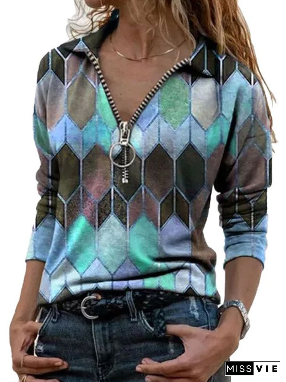 Women Fashion Simple Shawl collar Geometric Shift Shirt