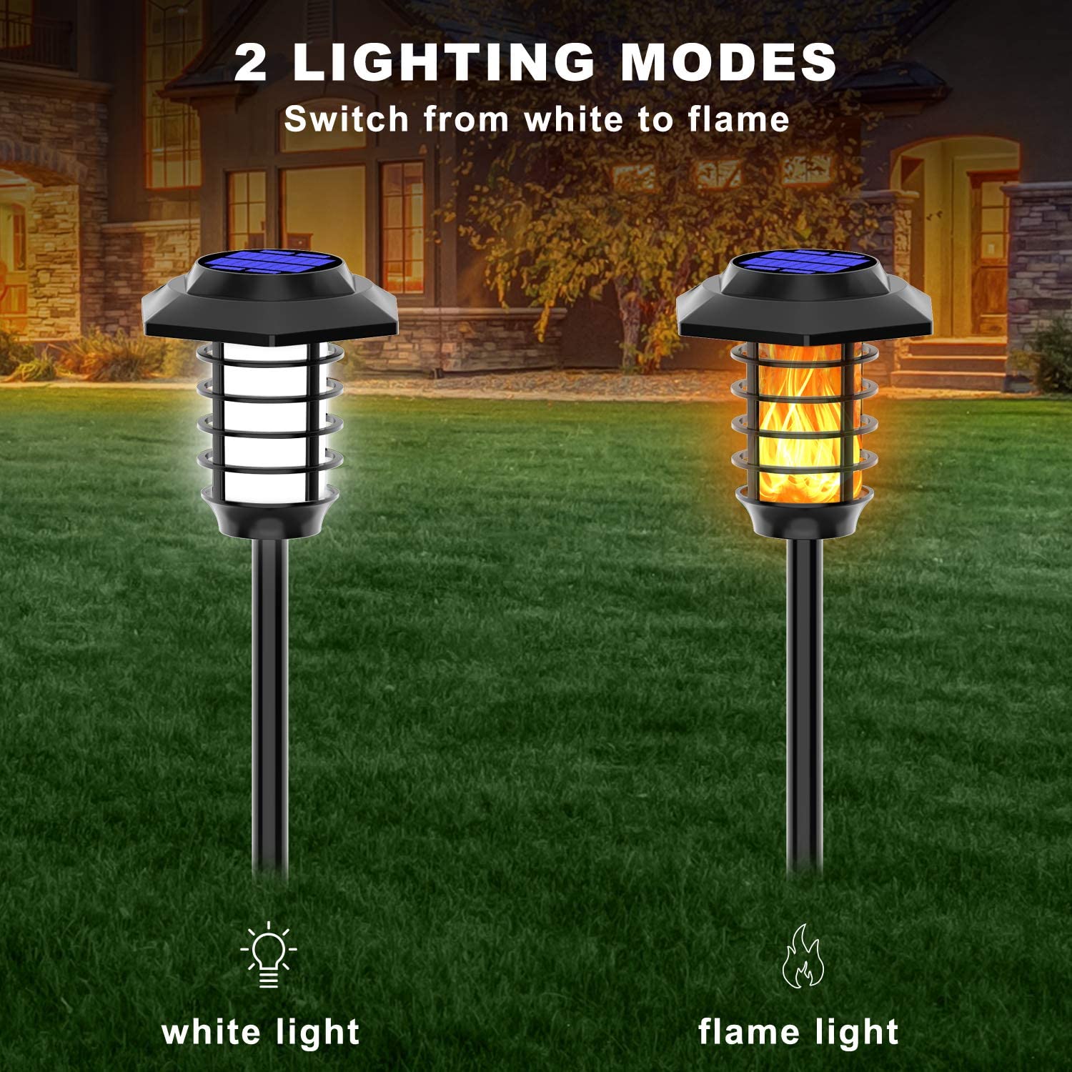 Junovo 2 Pack Solar Flickering Flame Light Solar Powered Pathway Light Waterproof Outdoor Garden Landscape Light for Patio Deck Yard