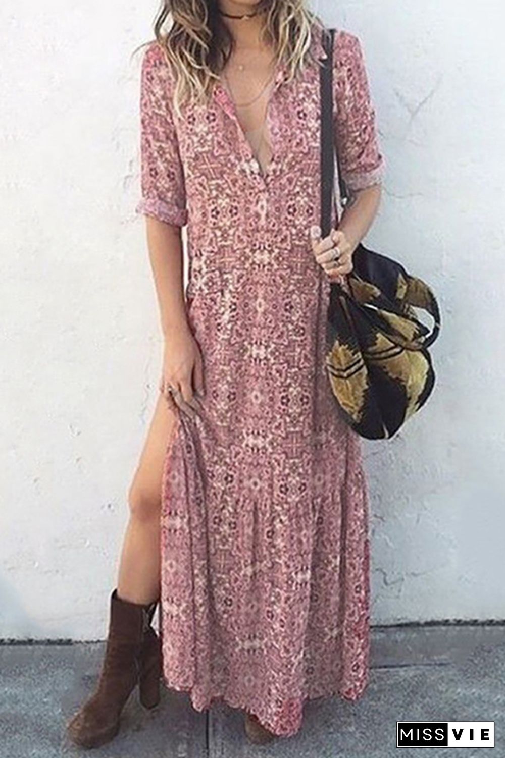 Casual Print Buckle Slit O Neck Dresses