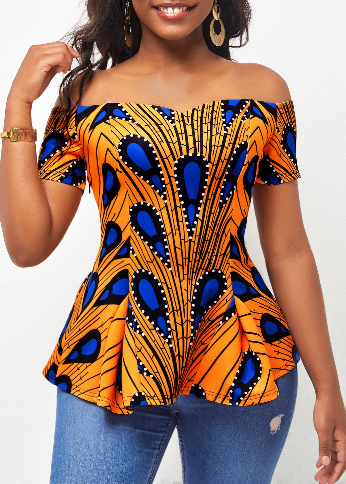 Ginger Peacock Feather Print Off Shoulder T Shirt