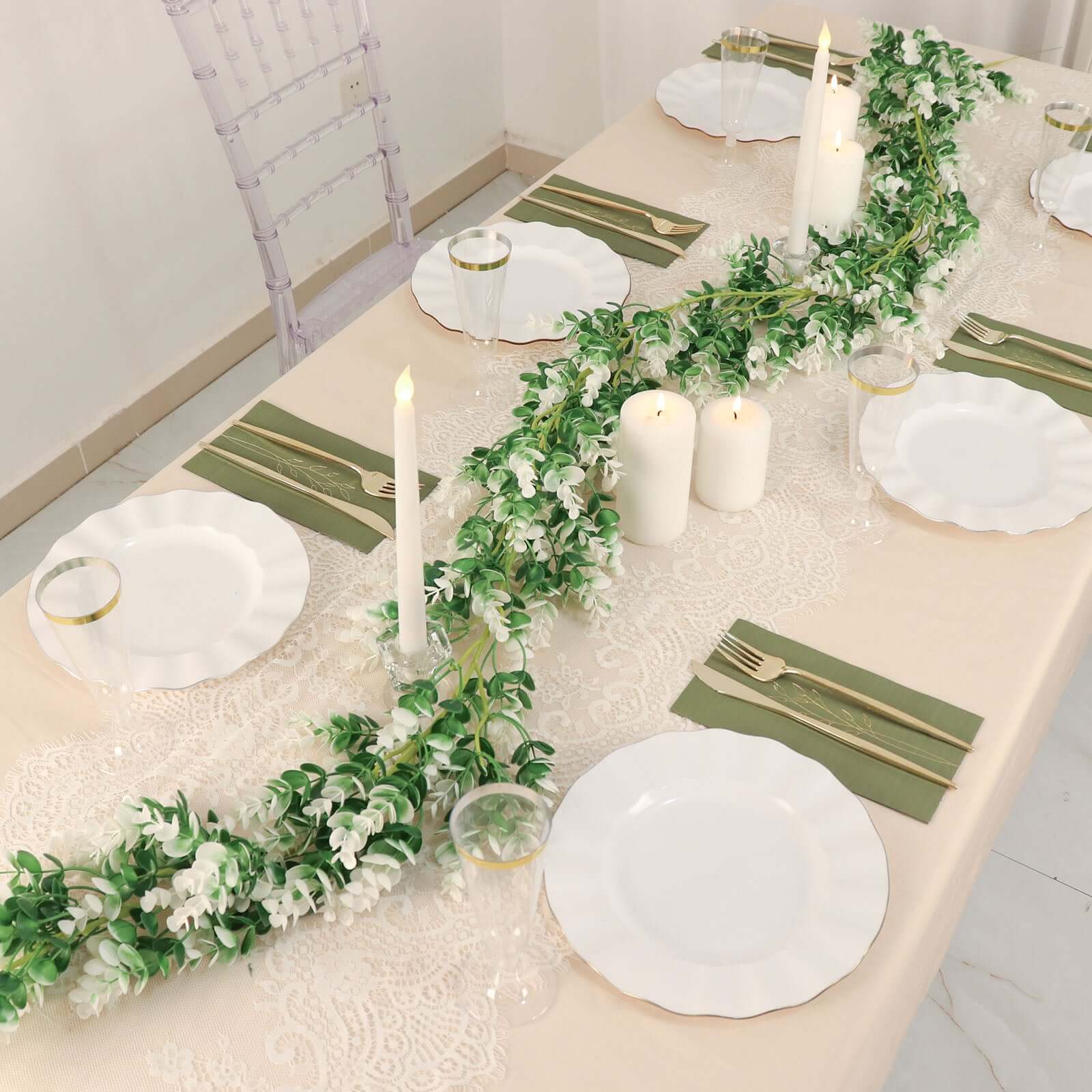 White / Green Artificial Eucalyptus Leaf Table Garland, Real Touch Hanging Greenery Vine 6ft