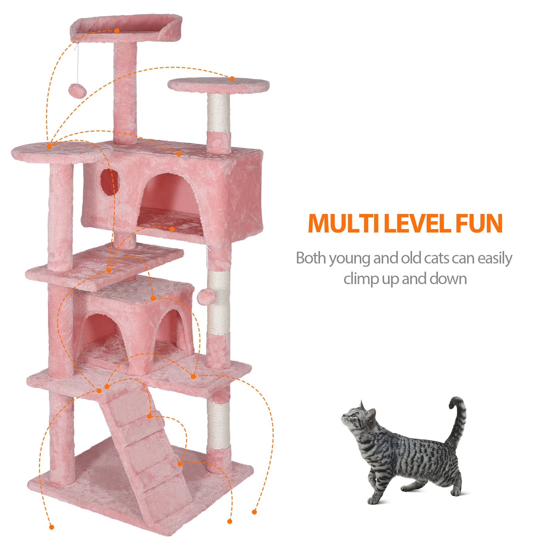 ZENSTYLE 55-in H Cat Tree and Condo Scratching Post Tower， Pink