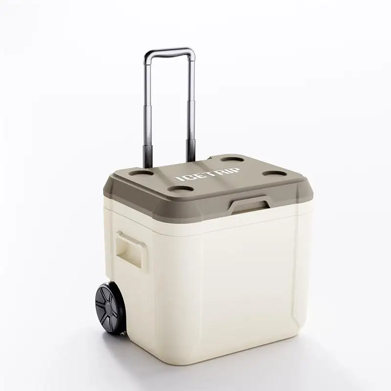 2023 Hot selling outdoor food grade material plastic portable table wheeled 52l cooler box with wheels and handle