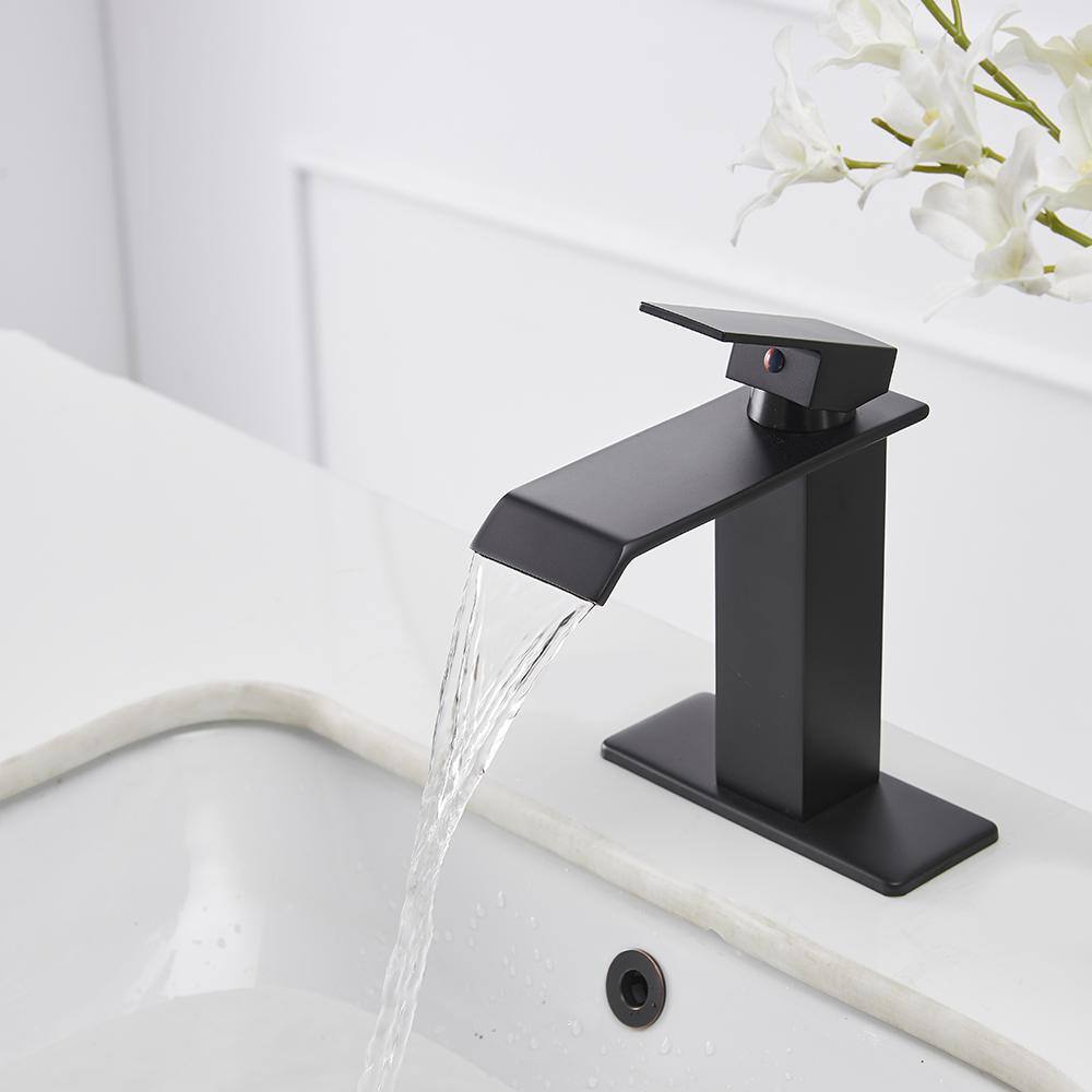 BWE Waterfall Single Handle Single Hole Low-Arc Bathroom Faucet Bathroom Drip-Free Vanity Sink Faucet in Matte Black A-96021B-SS