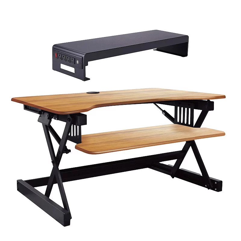 Rocelco Adjustable Standing Desk Converter， Teak and 30 Inch Dual Monitor Stand