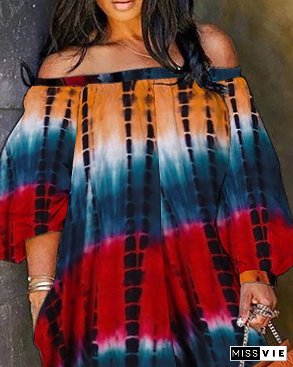 Off Shoulder Lantern Sleeve Tie Dye Print Jumpsuit