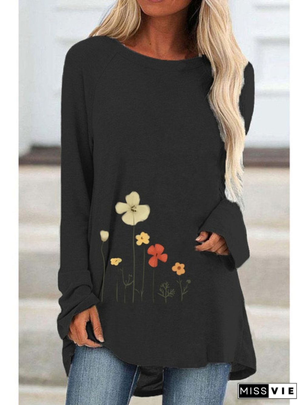 Spring and Autumn Plus Size Fashion Women Clothing Flowers Printed Casual T-shirt Ladies Long Sleeve Round Neck Pullover Tops