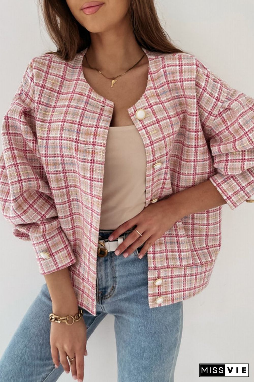 Long Sleeve Plaid Print Short Jacket