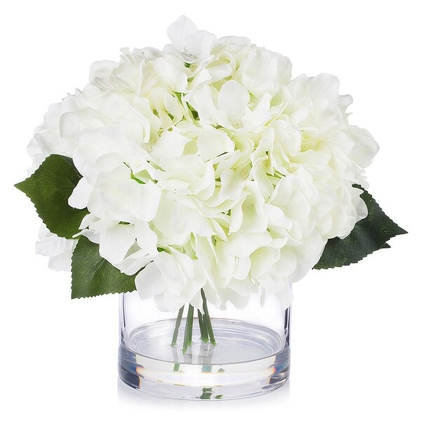 Enova Home Artificial Large Silk Hydrangea Fake Flowers Arrangement in Clear Glass Vase for Home Wedding Decoration