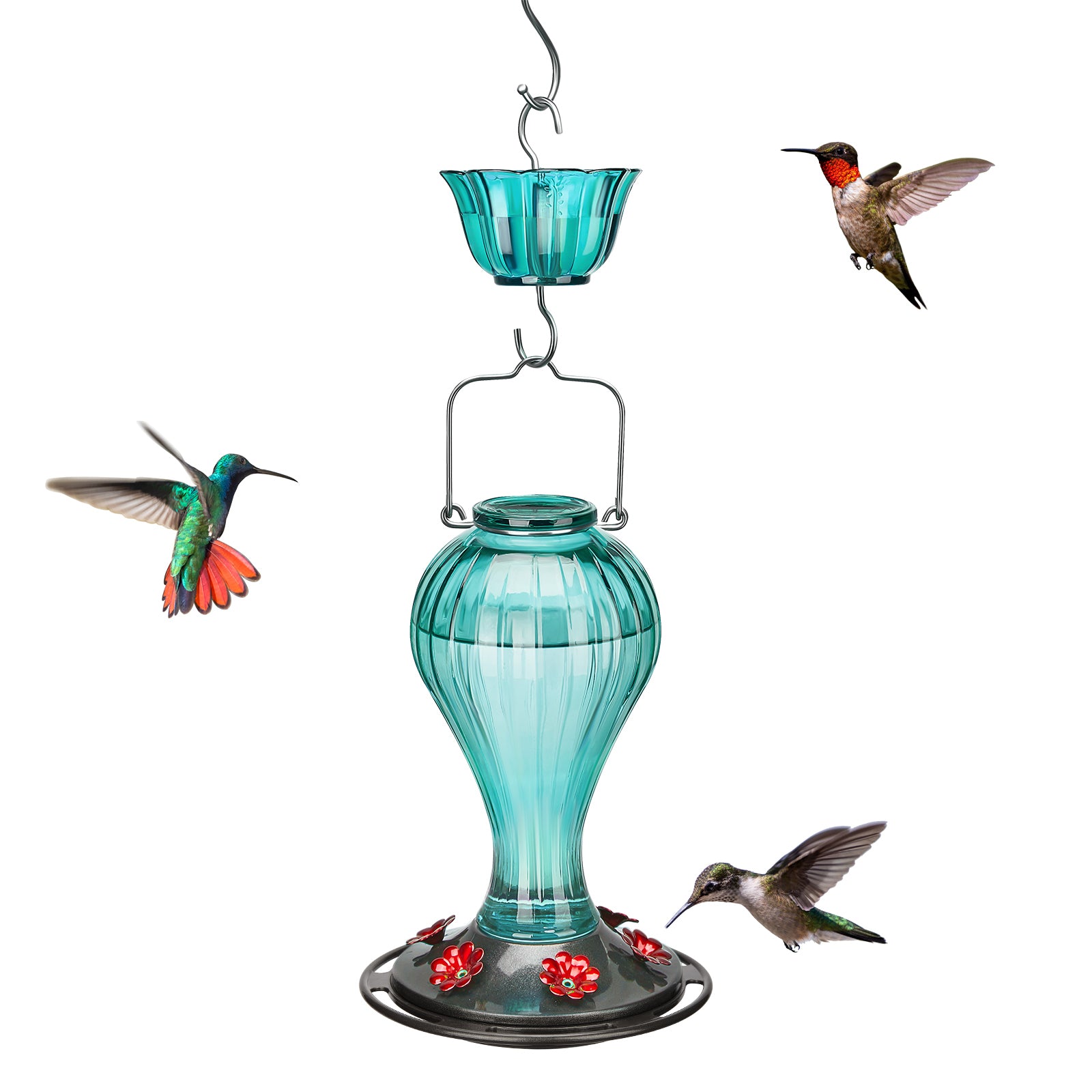 Kingsyard Glass Hummingbird Feeder 24 Ounces， 6 Feeding Ports， Hanging Bird Nectar Feeder for Outdoors Garden Yard Décor， Ant Moat Included， Turquoise