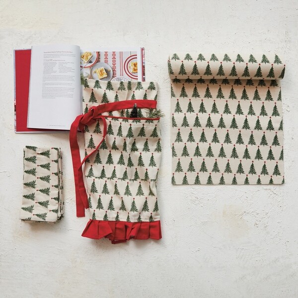 Cotton Printed Half Apron with Christmas Tree Pattern，Pocket and Ruffle