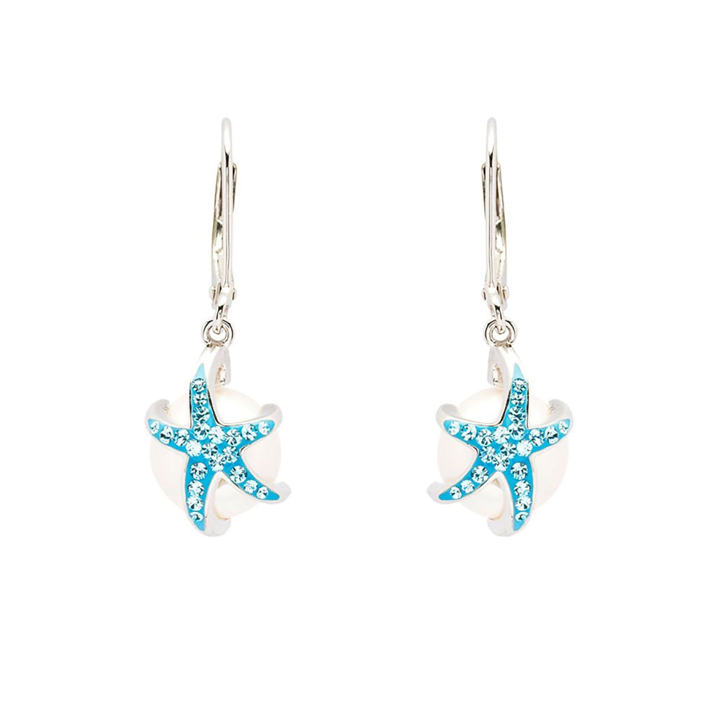 Ocean  Sterling Silver Pearl with Aqua Crystal Star Fish Earrings