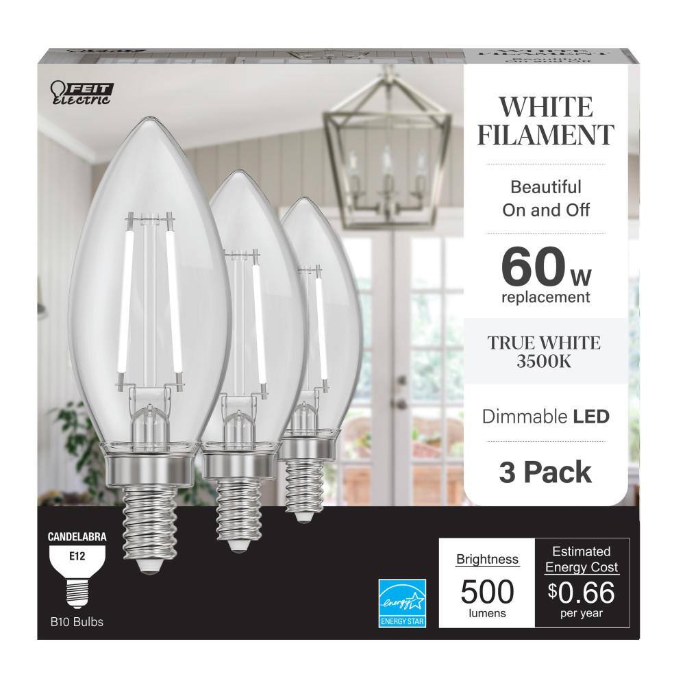 Feit Electric 60-Watt Equivalent B10 E12 Candelabra Dim White Filament Clear Glass Chandelier LED Light Bulb True White 3500K (3-Pack) CTC60935CAWFILHDRP3