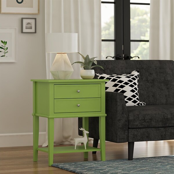 Eclectic Boho Accent Table with 2 Drawers， Green