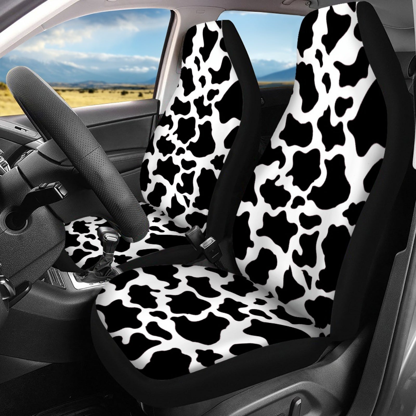 NETILGEN 2 Pcs Kit Cow Print Car Cover Set Stretchy Bucket Saddle Blanket Decorations Car Seat Cover Set Comfy Auto Protector Universal Fit SUV Van Truck Van