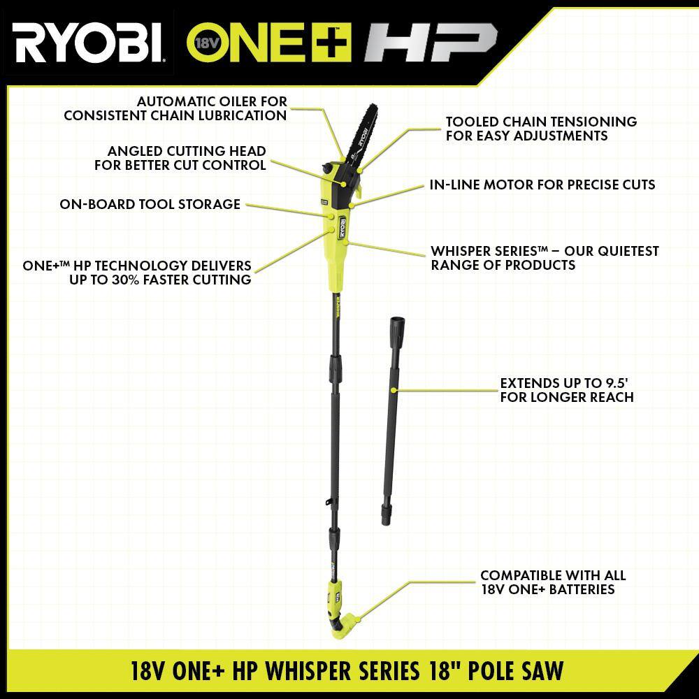 RYOBI ONE+ HP 18V Cordless 10 in. Chainsaw and Whisper Series 8 in. Pole Saw with 4.0 Ah Battery and Charger P2520-PS