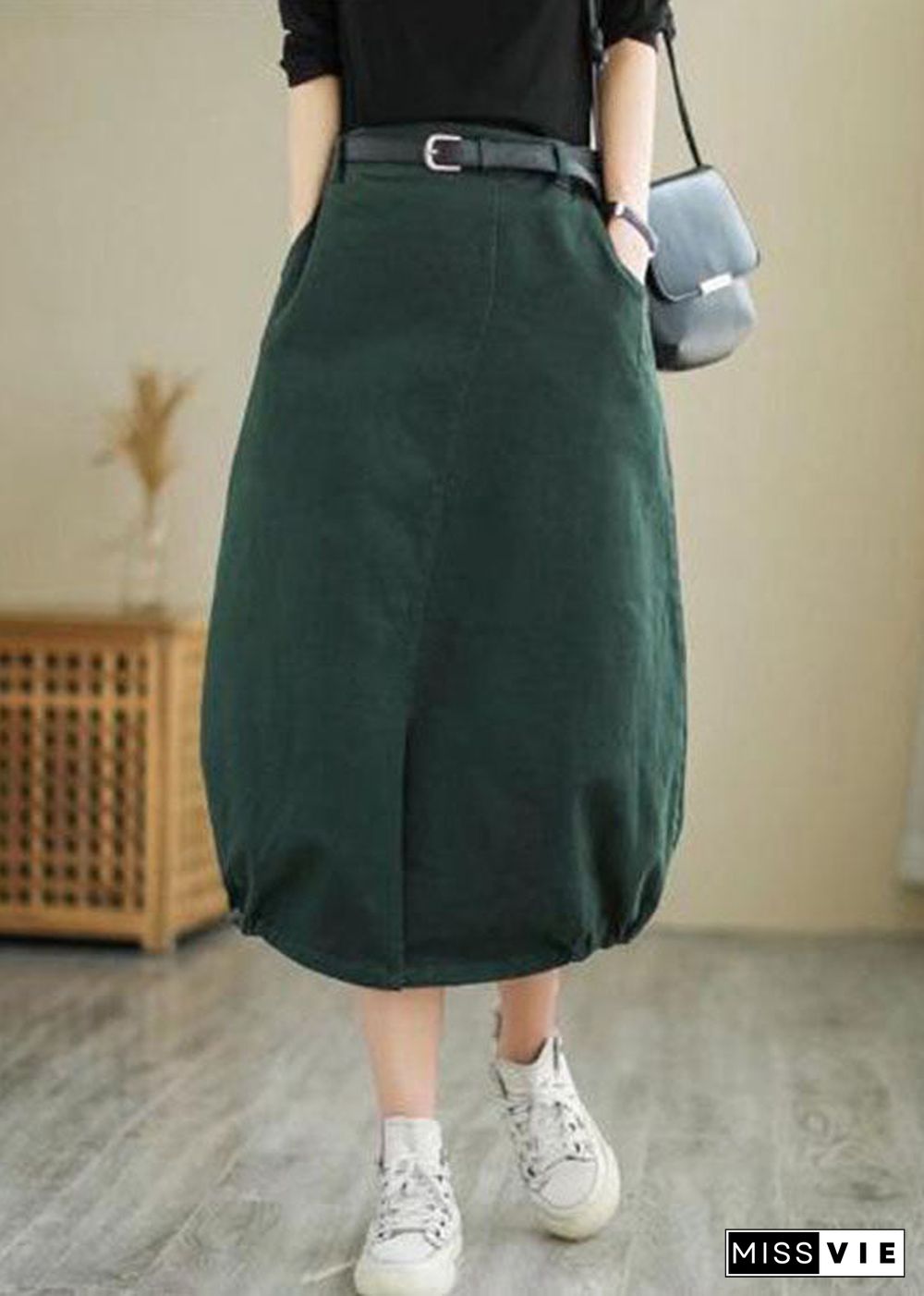 Art Army Green Pockets Cotton Loose Skirt Spring