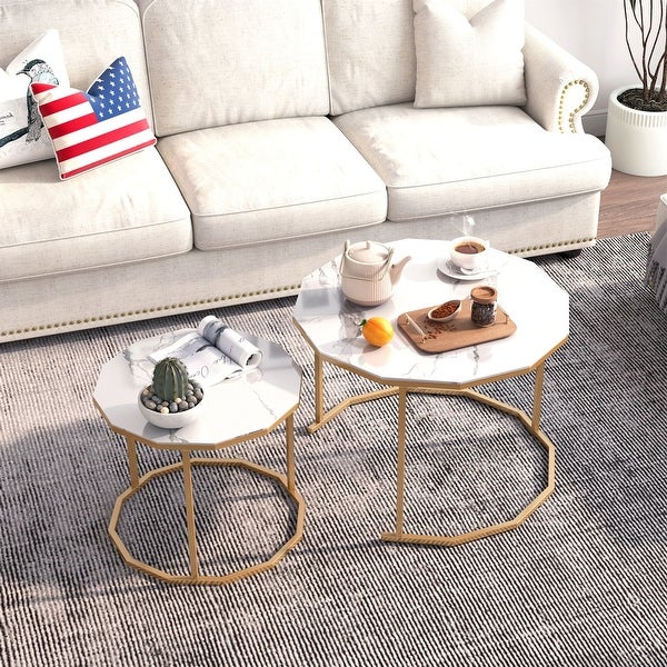 Nesting Coffee Table Modern Center Table Waterproof Side Table with White Artificial Marble Top End Table with Metal Frame