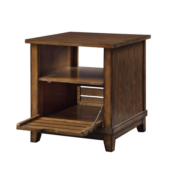 Transitional Style Gabriella End Table with Open Compartment and Drop-Down Doors， Oak