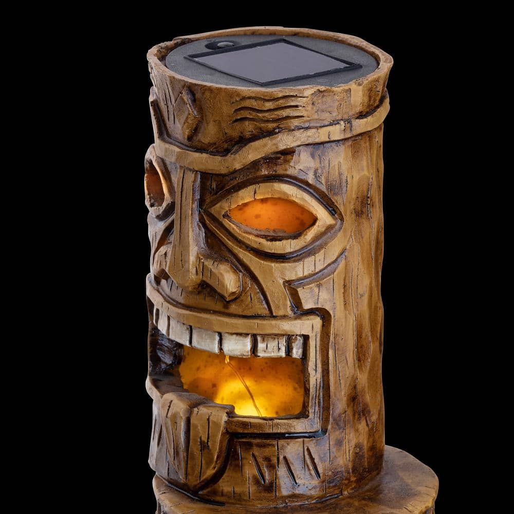 Alpine Corporation 19 in. Tall Outdoor 3-Tier Tiki Totem Statue with Solar LED Lights Yard Decoration WQA826SLR-DBR