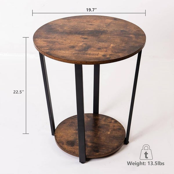 Vintage Round End Table 2-Tier Storage Shelf Rustic Brown Side Table Wood Accent Sofa Table with Metal Frame