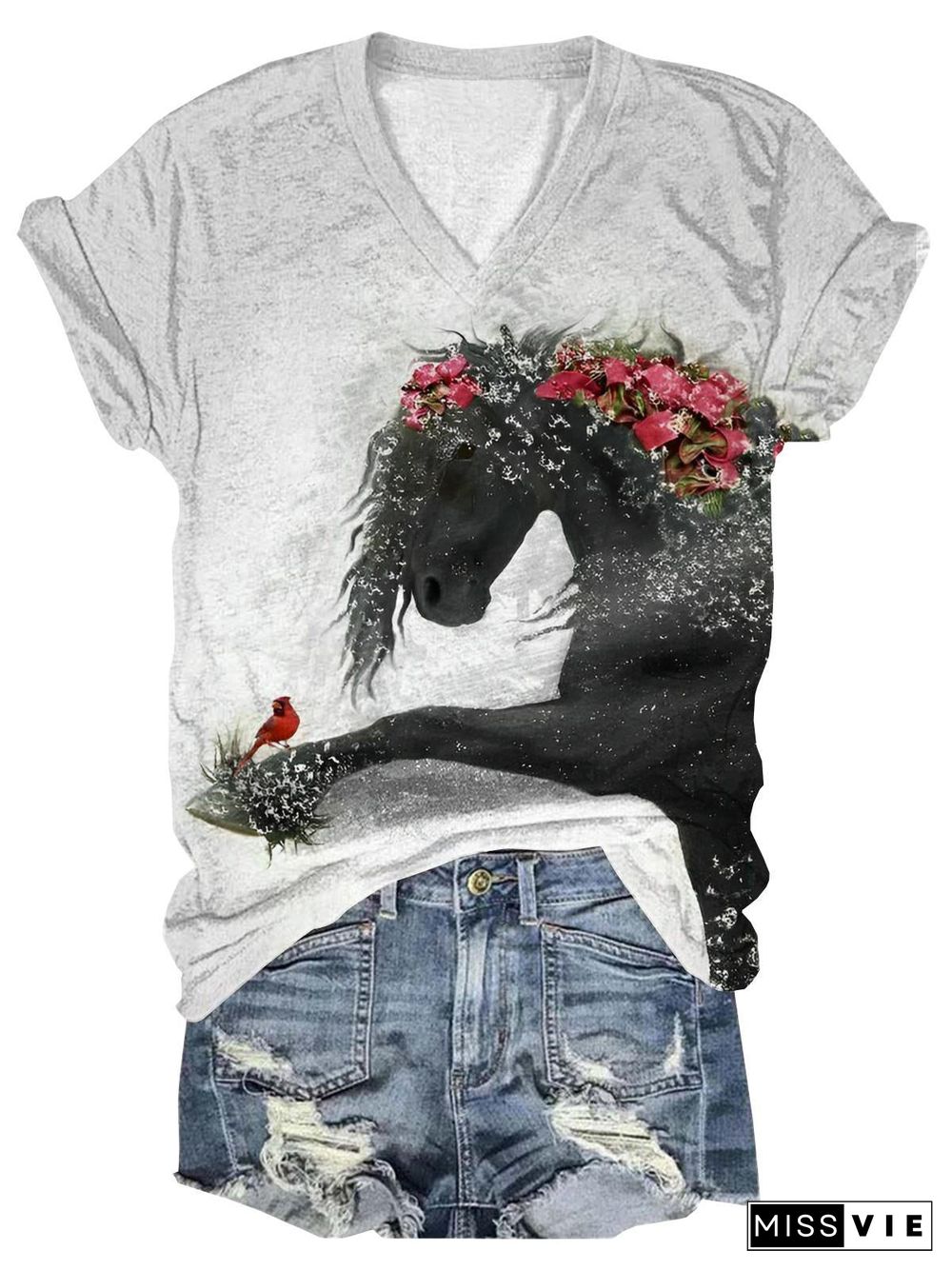 Horse Floral Print V-Neck T-Shirt