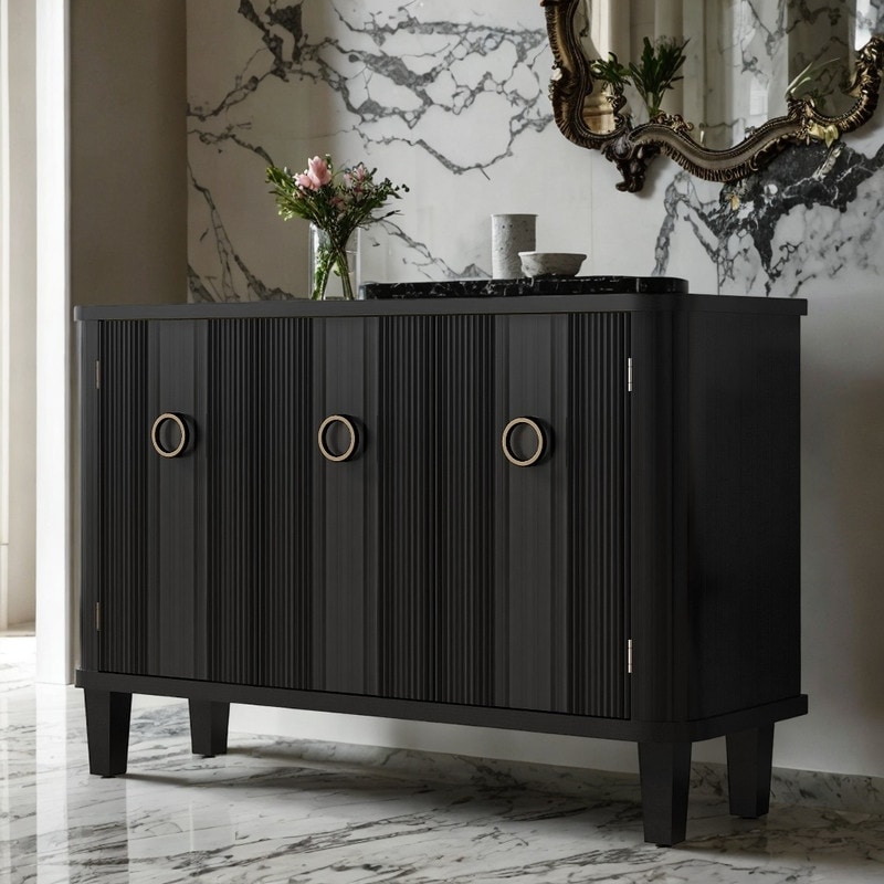 Simple Solid Wood Veneer Storage Cabinet with 3 Fir Doors  Buffet Sideboard with Adjustable Shelves for Entrances  Black