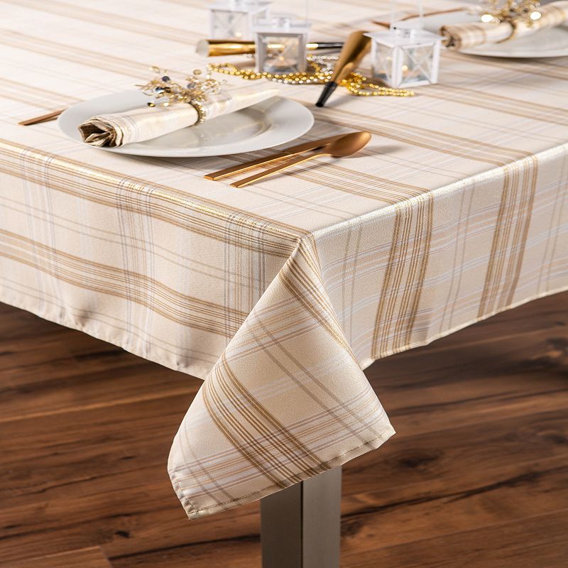 104 Cream White and Brown Metallic Plaid Rectangular Tablecloth