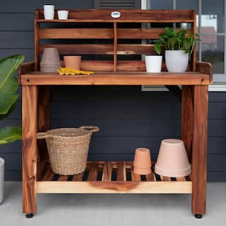 Backyard Discovery Farmhouse 36 in. W x 53 in. H Indoor Outdoor Potting Table Bench Serving Bar in Acacia Wood with Storage Shelf 2107038COM