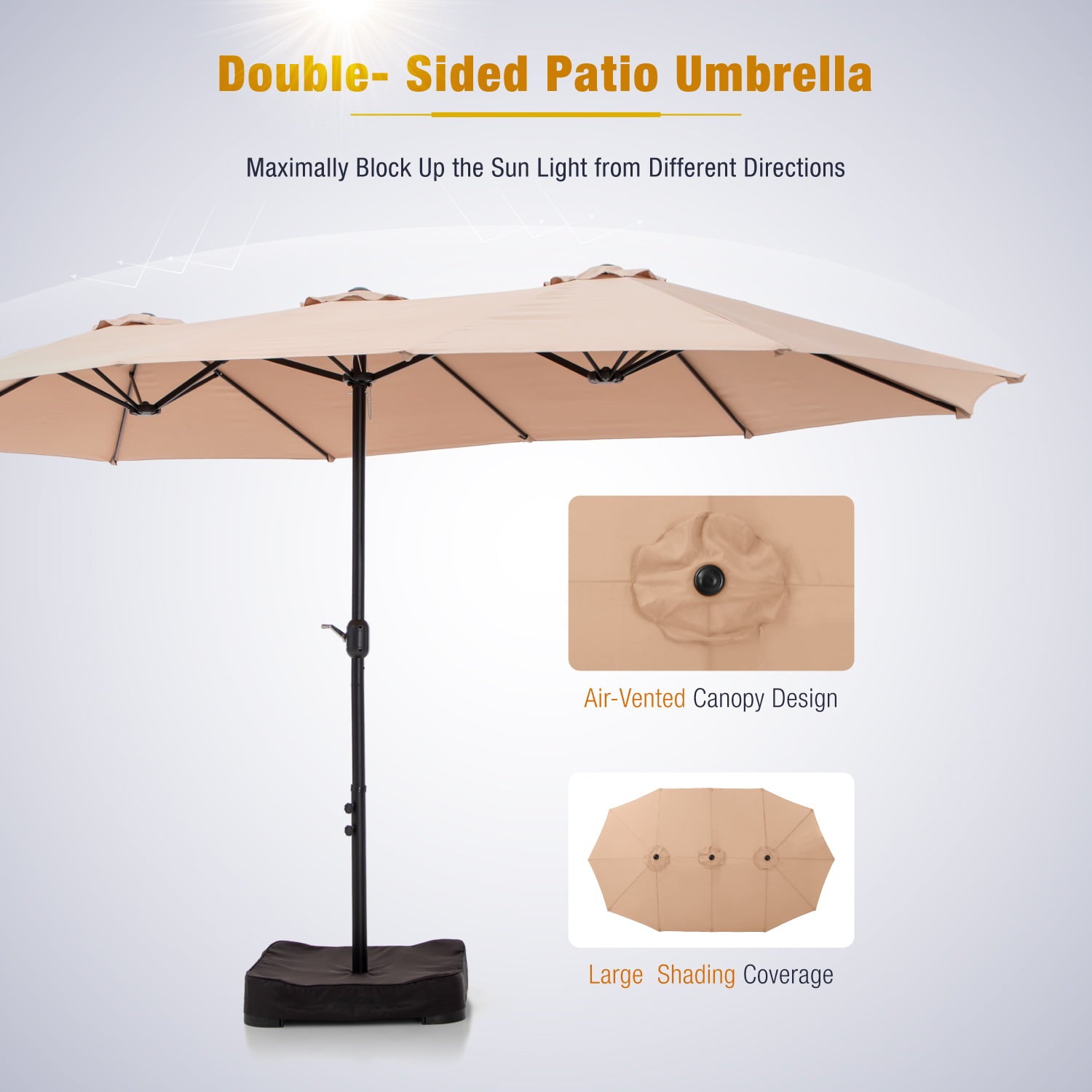 MF Studio 15ft Double-Sided Patio Umbrella with Base Large Outdoor Table Umbrella Beige