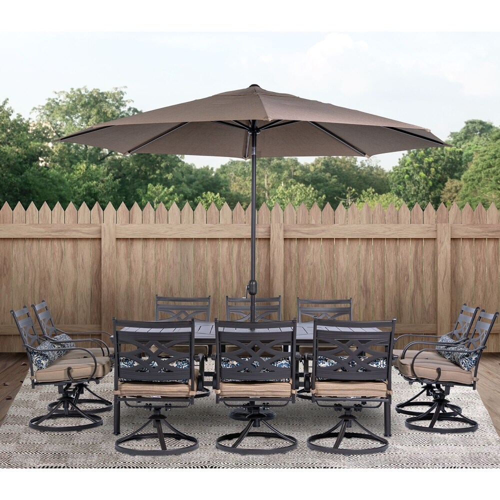 Hanover Montclair 11 Piece Dining Set in Tan with 10 Swivel Rockers  60 In. x 84 In. Table  11 Ft. Umbrella and Umbrella Stand