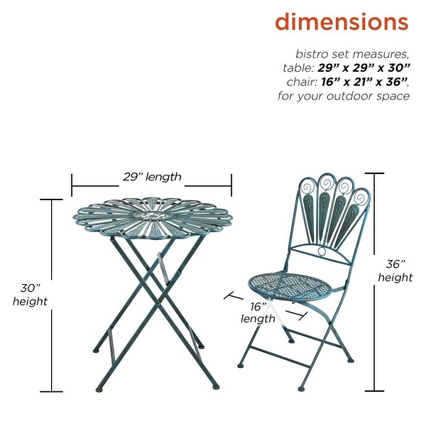 Alpine Corporation Indoor/Outdoor 3Piece Peacock Feather Rustic Metal Bistro Set Patio Seating，Light Blue