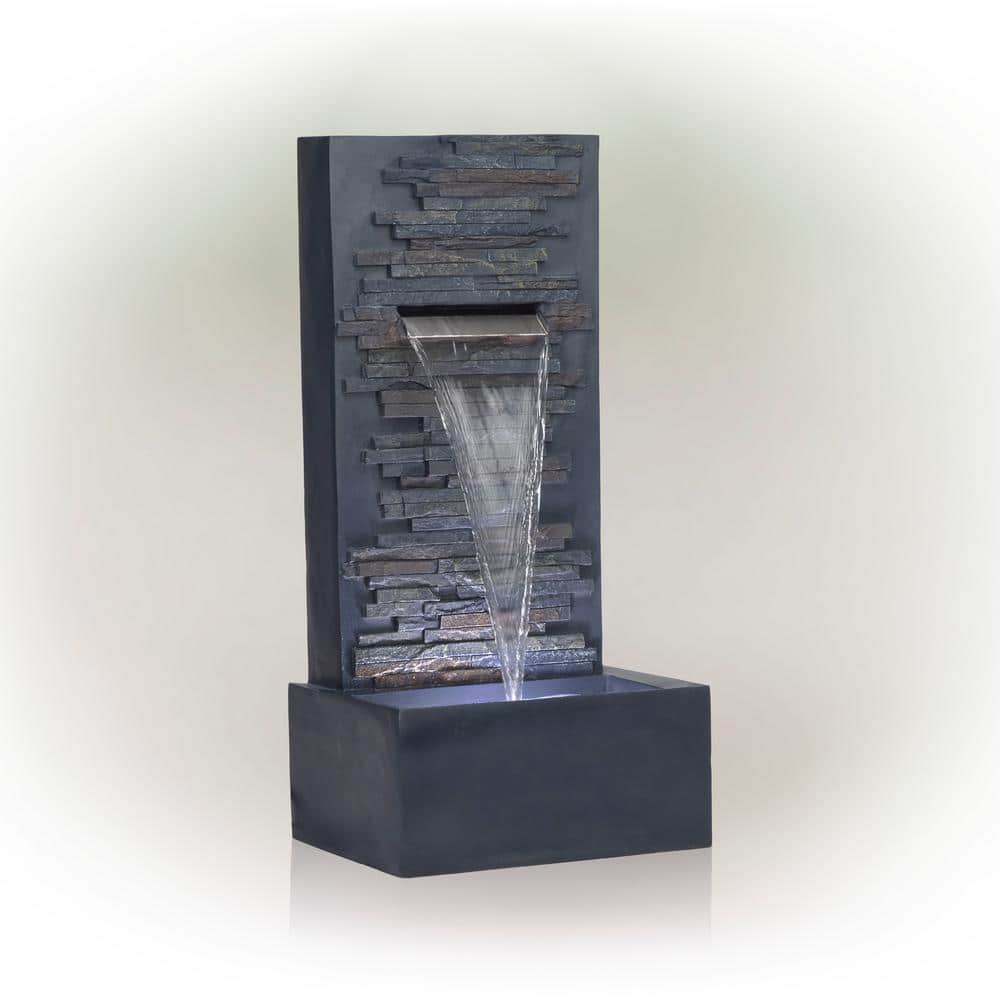 Alpine Corporation 32 in. Tall Cascading Stone Wall Fountain Decoration with LED Lights WIN1562