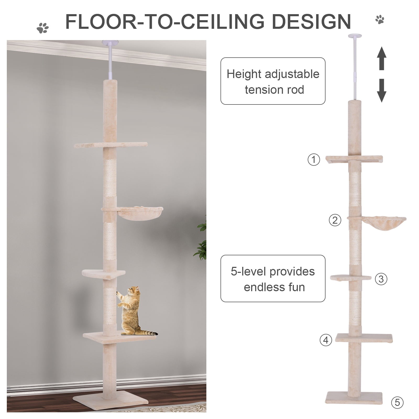 PawHut 8.5' Adjustable Floor-To-Ceiling Cat Tree w/ 5 Carpet Platforms, Beige