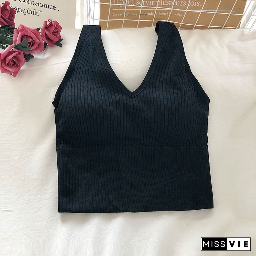 Pearl Diary Bra Tops Summer V Neck Rib Crop Tank Top With Detachable Bra Pads Sleevelss Solid Color Backless Sporty Bra Top