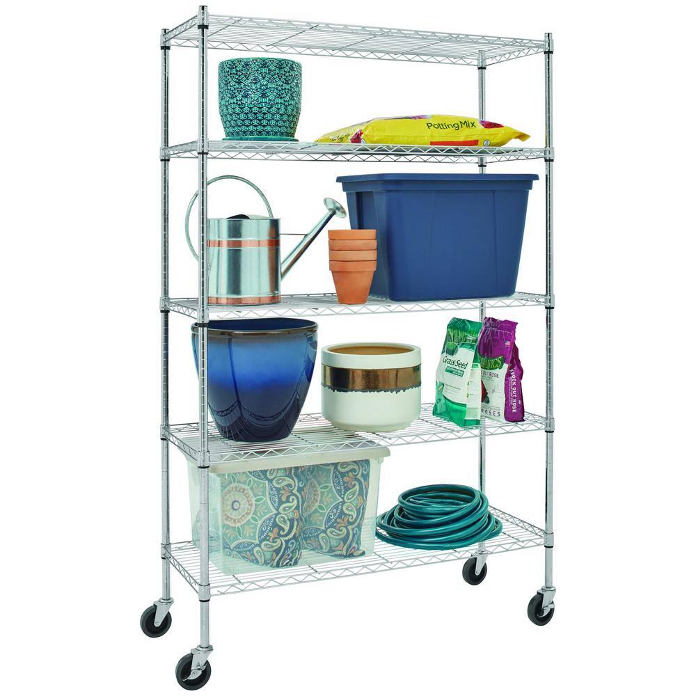 HDX 5-Tier Steel Wire Shelving Unit with Casters in Chrome (48 in. W x 72 in. H x 18 in. D) HD1848-5LHCCPS