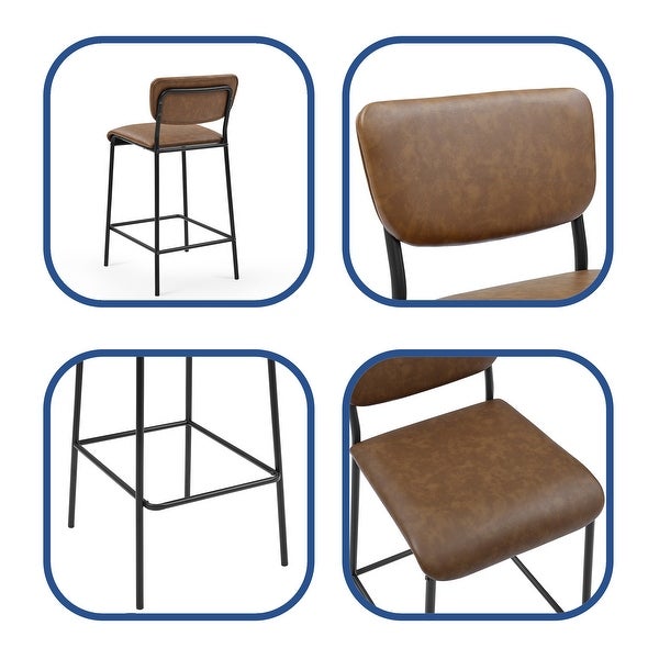 2pcs Pu Faux Leather Bar Stools Pub Barstools Metal Leg Back and Brown