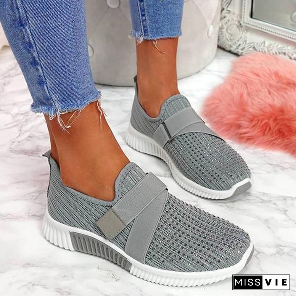 Women Fashion Bling Rhinestones Flyknit Fabric Slip On Breathable Platform Sneakers