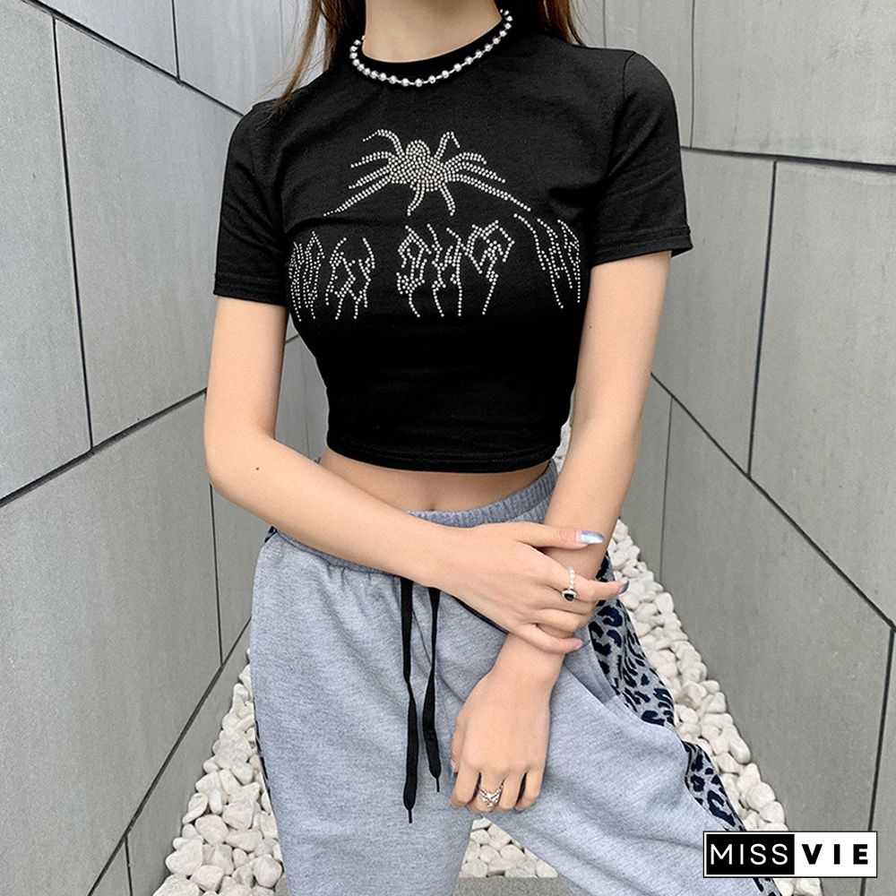 Summer Top Women Punk Vintage Rhinestone Spider Graphic Black Gothic Clothes O-Neck Short-Sleeve Crop Top Harajuku Cropped Tops