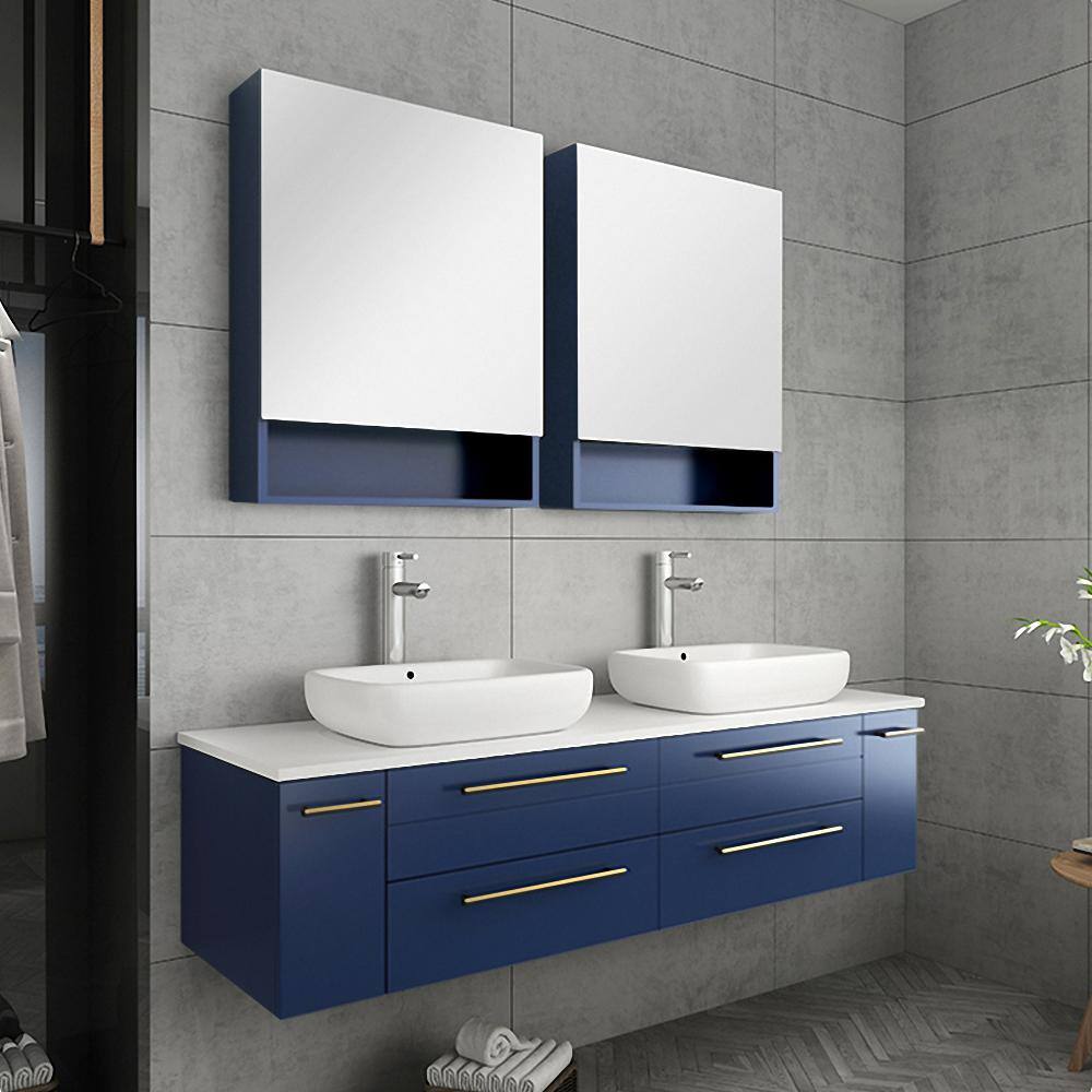 Fresca Lucera 60 in. W Wall Hung Bath Vanity in Royal Blue with Quartz Stone Vanity Top in White with White Basins FCB6160RBL-VSL-D-CWH-V