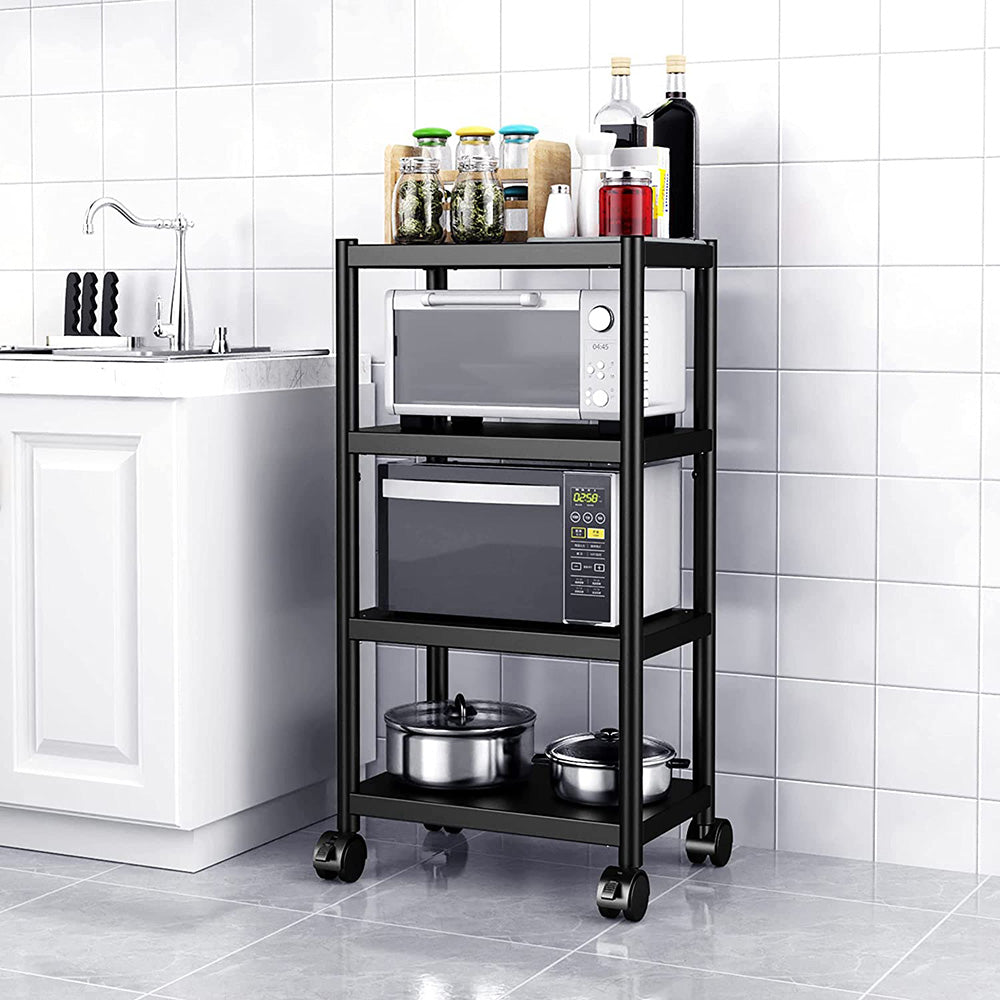 4 Tier Stainless Steel Kitchen Baker'S Rack And Microwave Stand With Adjustable Utility Shelves And Rolling Wheels.