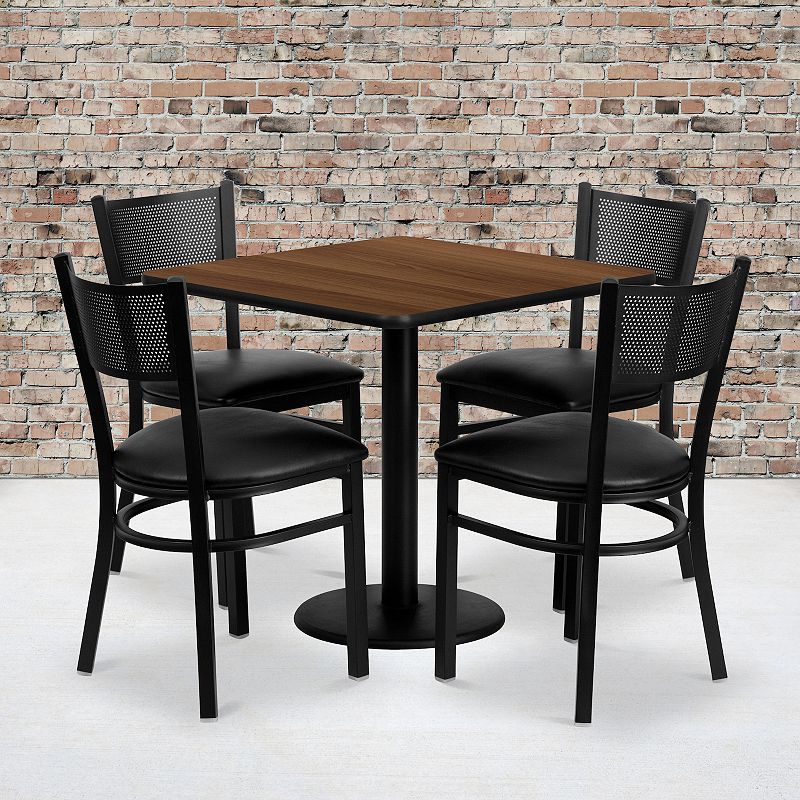 Emma and Oliver 30 Square Walnut Laminate Table Set， 4 Grid Back Metal Chairs