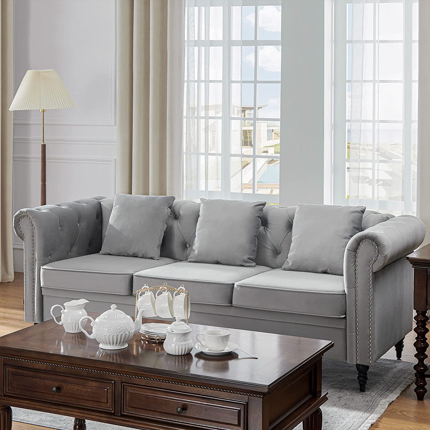 Kinmars Tufted Chesterfield Velvet 3 Seater Sofa, Large Sofa with Rolled Arms (Gray)