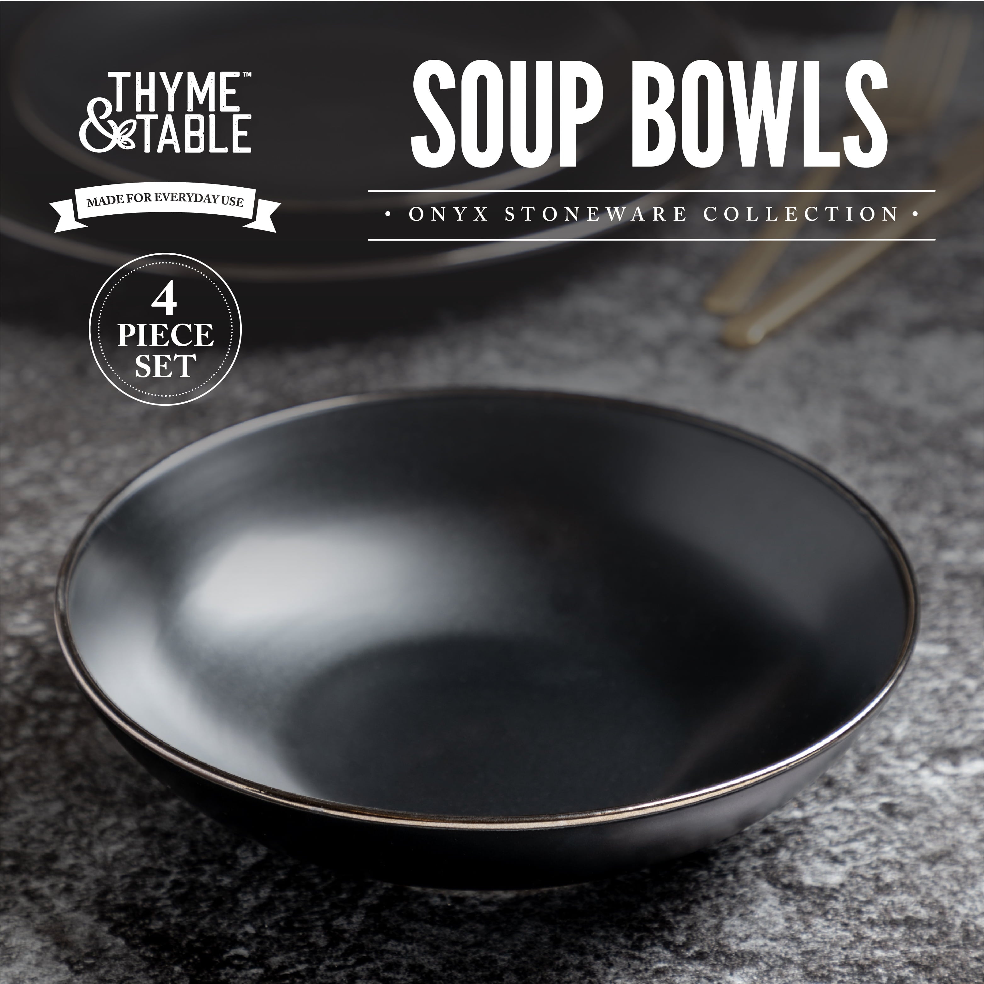 Thyme and Table Dinnerware Black Onyx Stoneware Round Bowls， 4 Pack