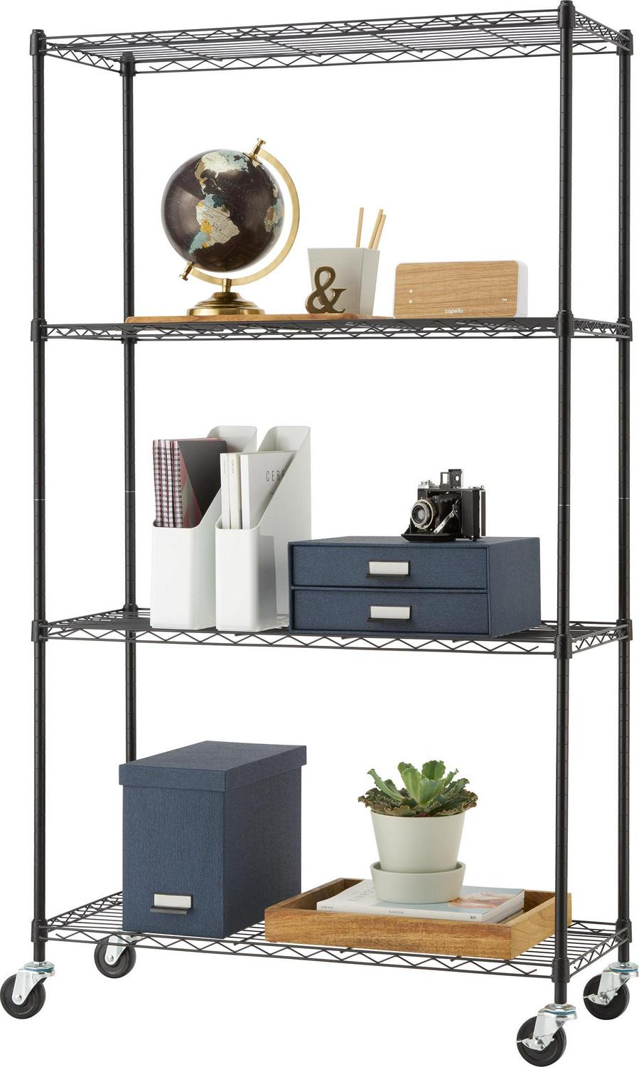 TRINITY Basics 36 W x 14 D x 62.5 H 4-Shelf NSF Wire Shelving Unit With Casters， 1000 lb Capacity， Black