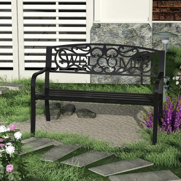 Outdoor Metal Welcome Bench Powder Coated Cast Iron Sign amp Steel Frame 2 Person Bench With Antique Vine Motifs amp Slatted Seat Black