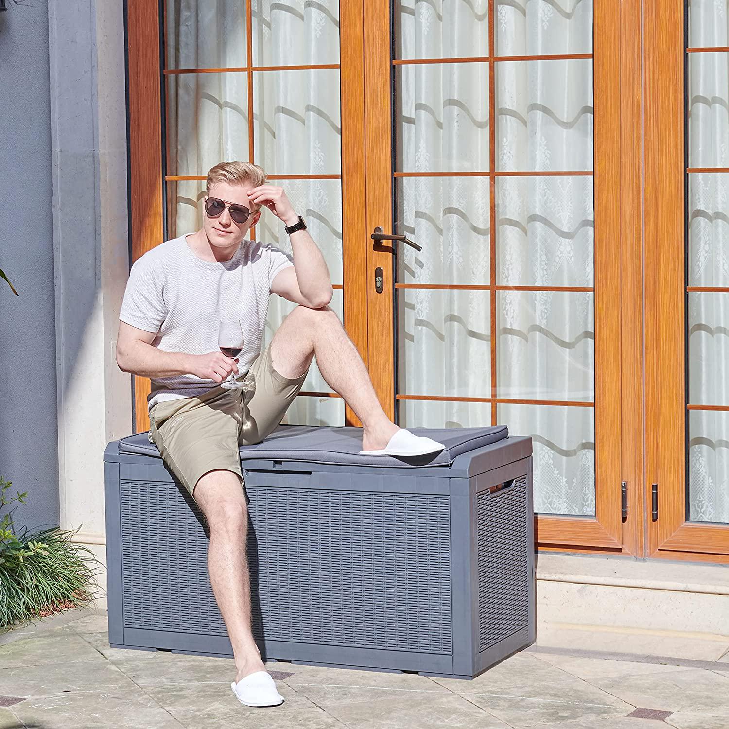 YITAHOME 100 Gallon Large Resin Deck Box Outdoor Storage with Cushion for Patio Furniture, Outdoor Cushions, Garden Tools and Pool Supplies-Waterproof,Lockable (Dark Grey)